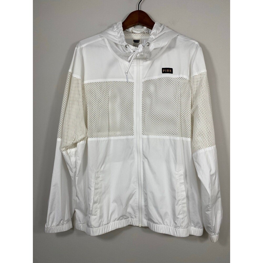 PINK Victoria’s Secret White Mesh Windbreaker Jacket Hooded Size M